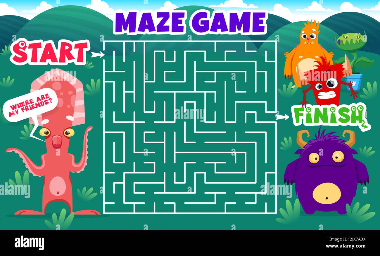 Labyrinth maze. Cartoon monster characters. Search path playing