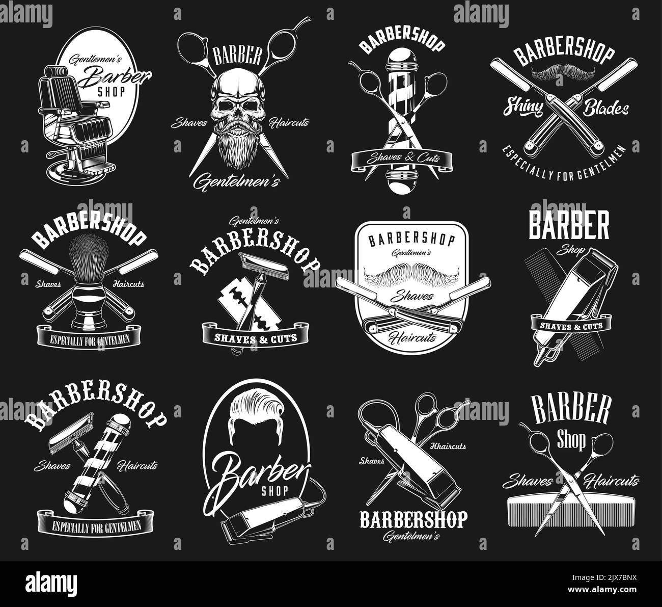 haircut icons, vintage, hipster hairdresser pole and skull