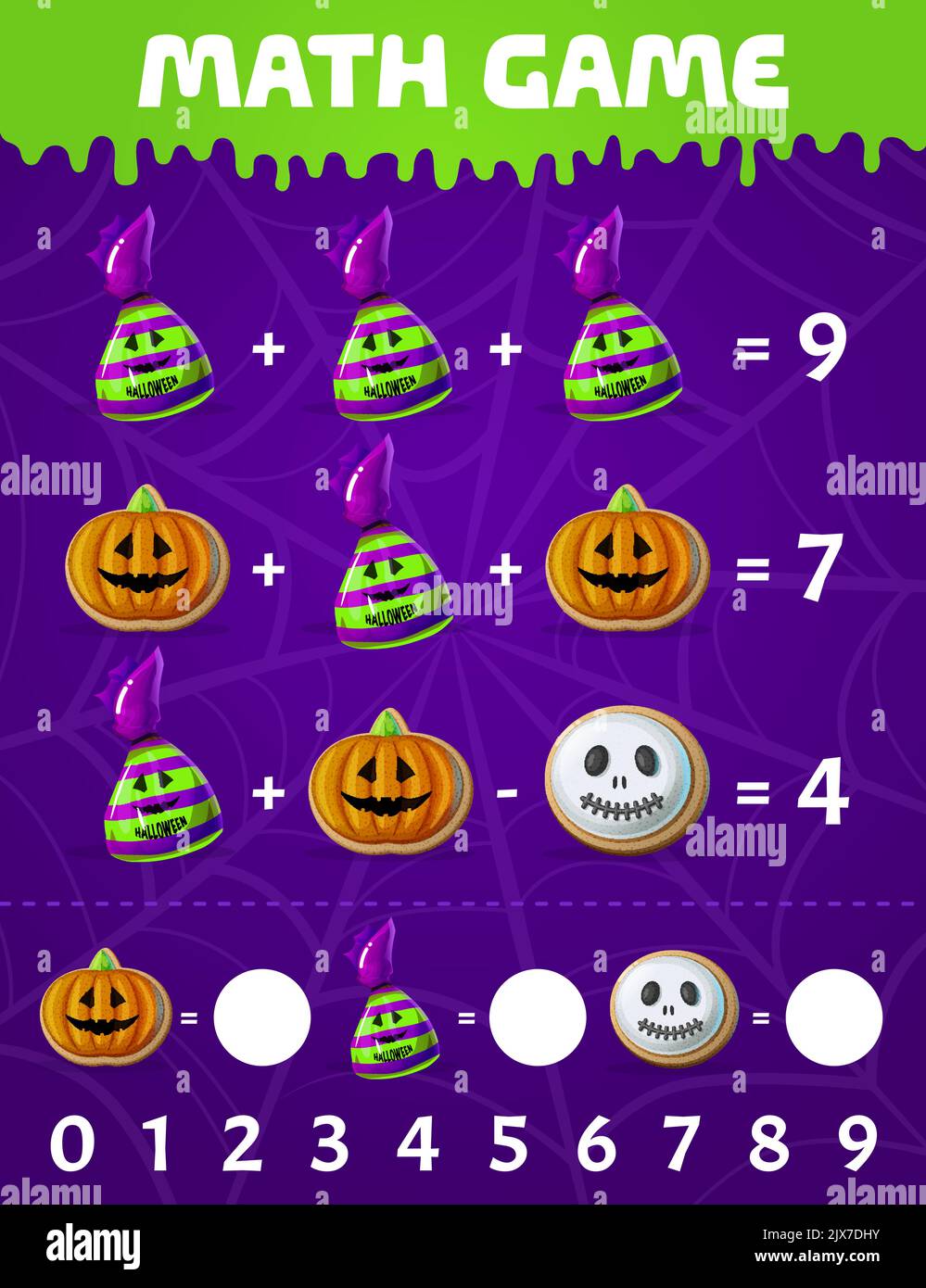 Cartoon Halloween sweets and candies. Math game worksheet. Addition and