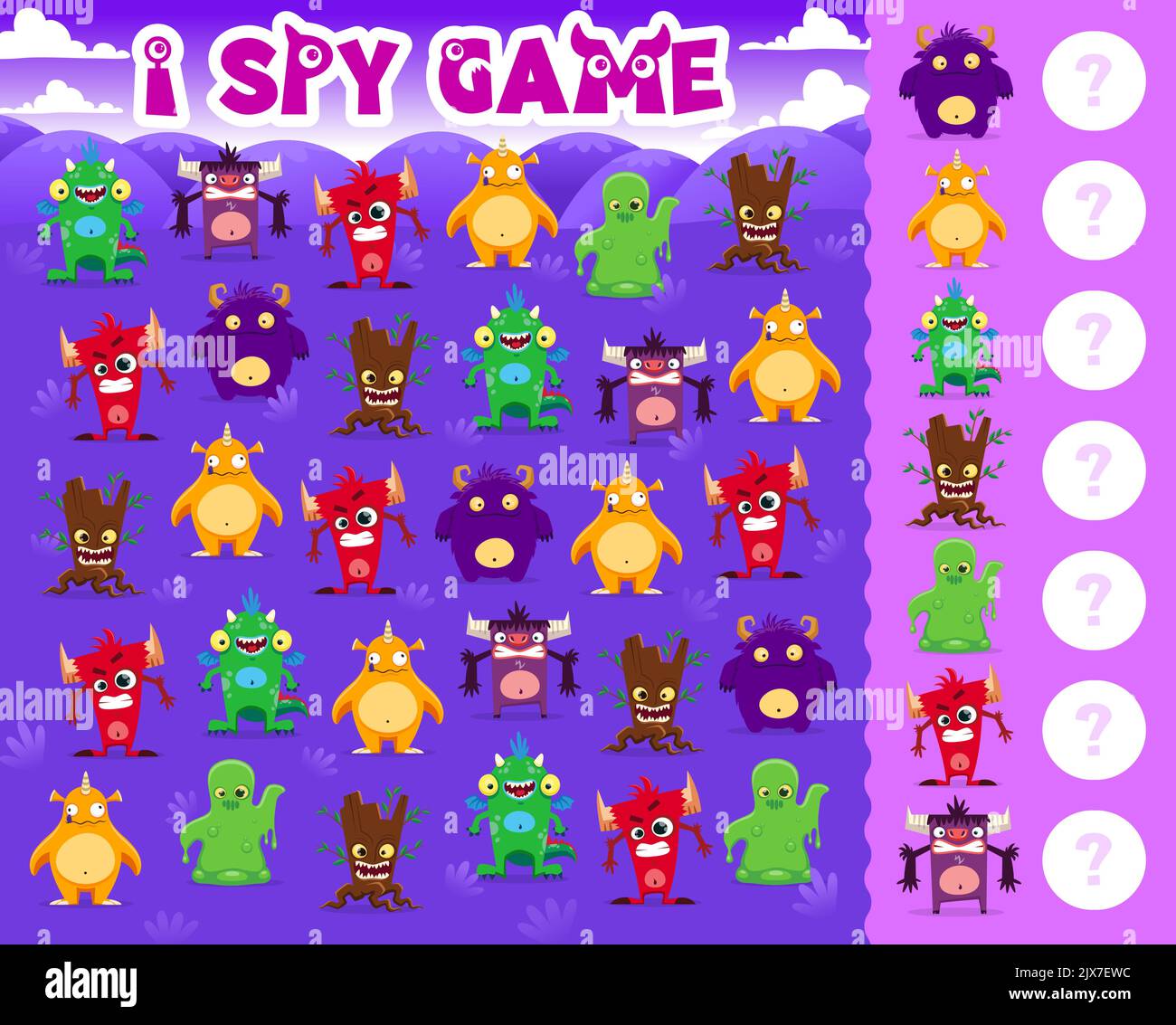 I spy game. Cartoon monster characters. Kids counting puzzle or playing