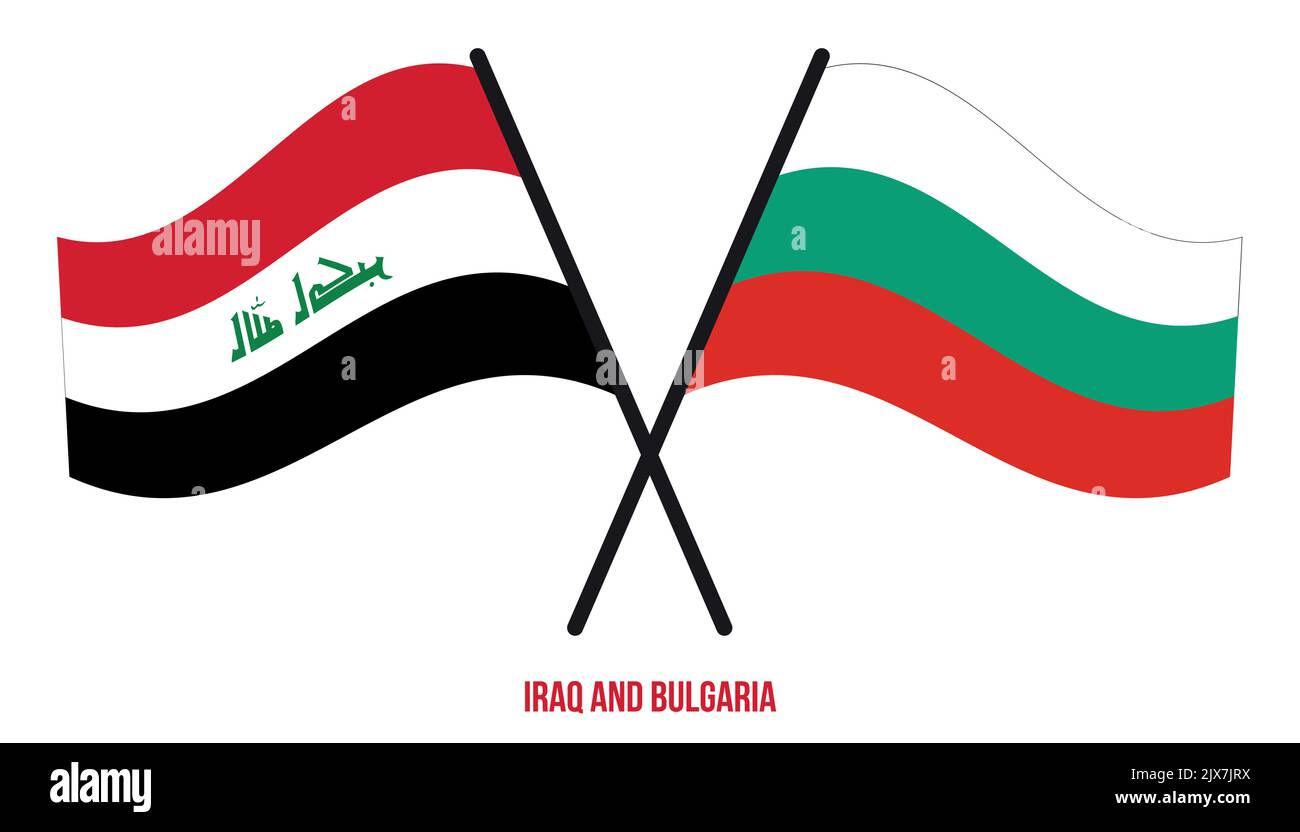 Iraq and Bulgaria Flags Crossed And Waving Flat Style. Official Proportion. Correct Colors. Stock Vector