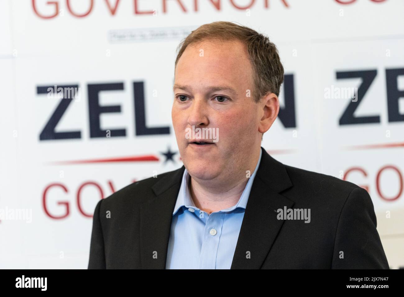 New York, NY - September 6, 2022: Republican and Conservative Parties nominee for Governor Lee Zeldin press conference on issue of debate at Zeldin NYC campaign headquarters Stock Photo