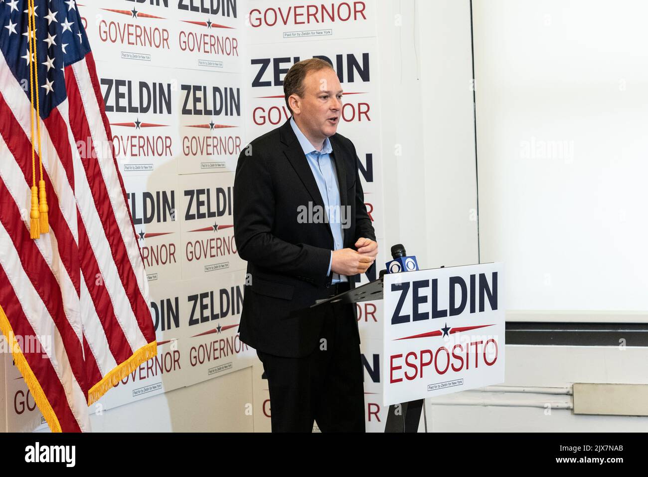 New York, NY - September 6, 2022: Republican and Conservative Parties nominee for Governor Lee Zeldin press conference on issue of debate at Zeldin NYC campaign headquarters Stock Photo
