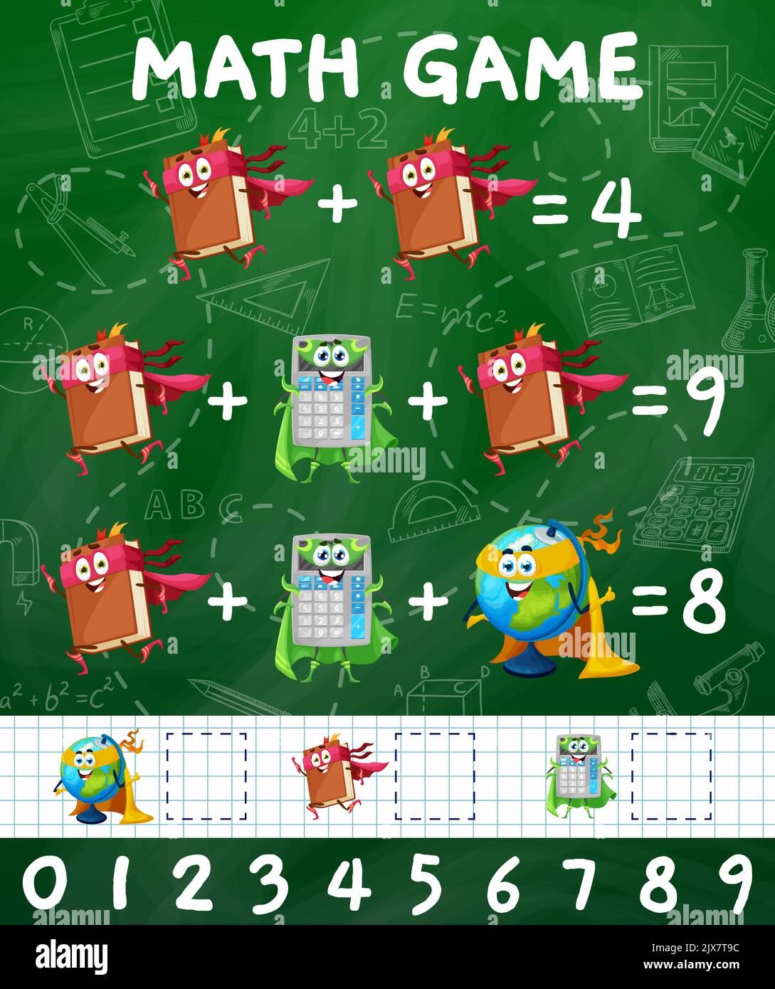 Math game. Cartoon textbook, globe and calculator characters on school board. Kids education