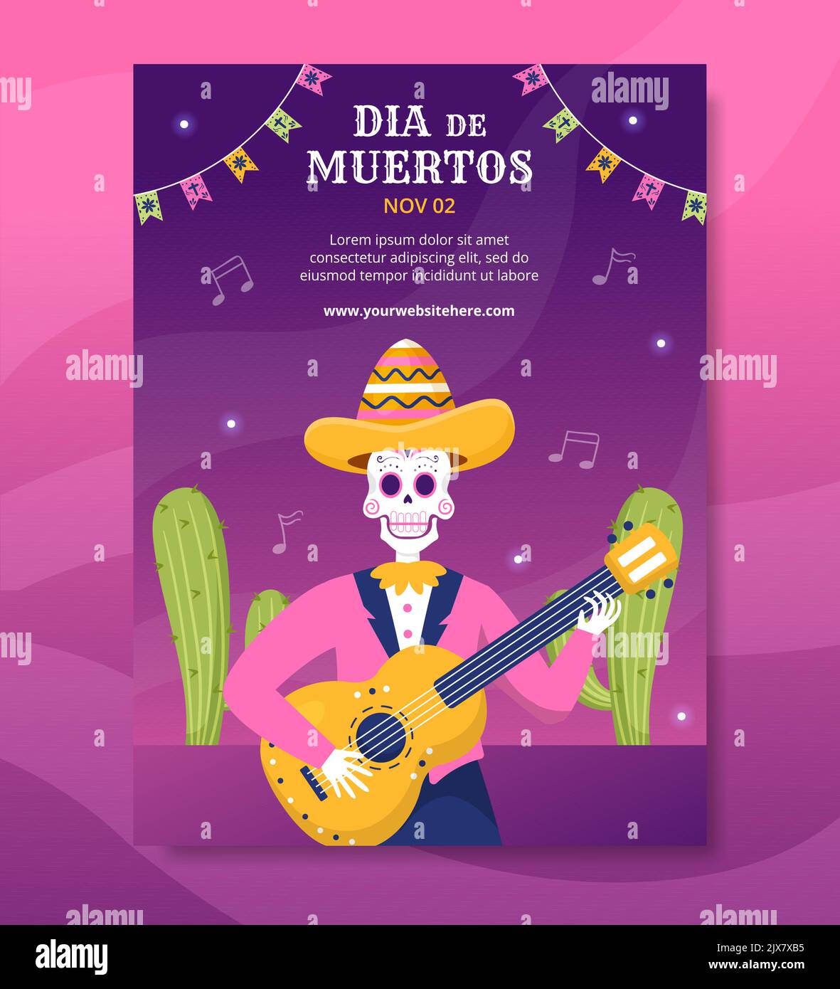 Dia De Los Muertos or Day of the Dead Poster Template Hand Drawn Cartoon Illustration Stock Vector