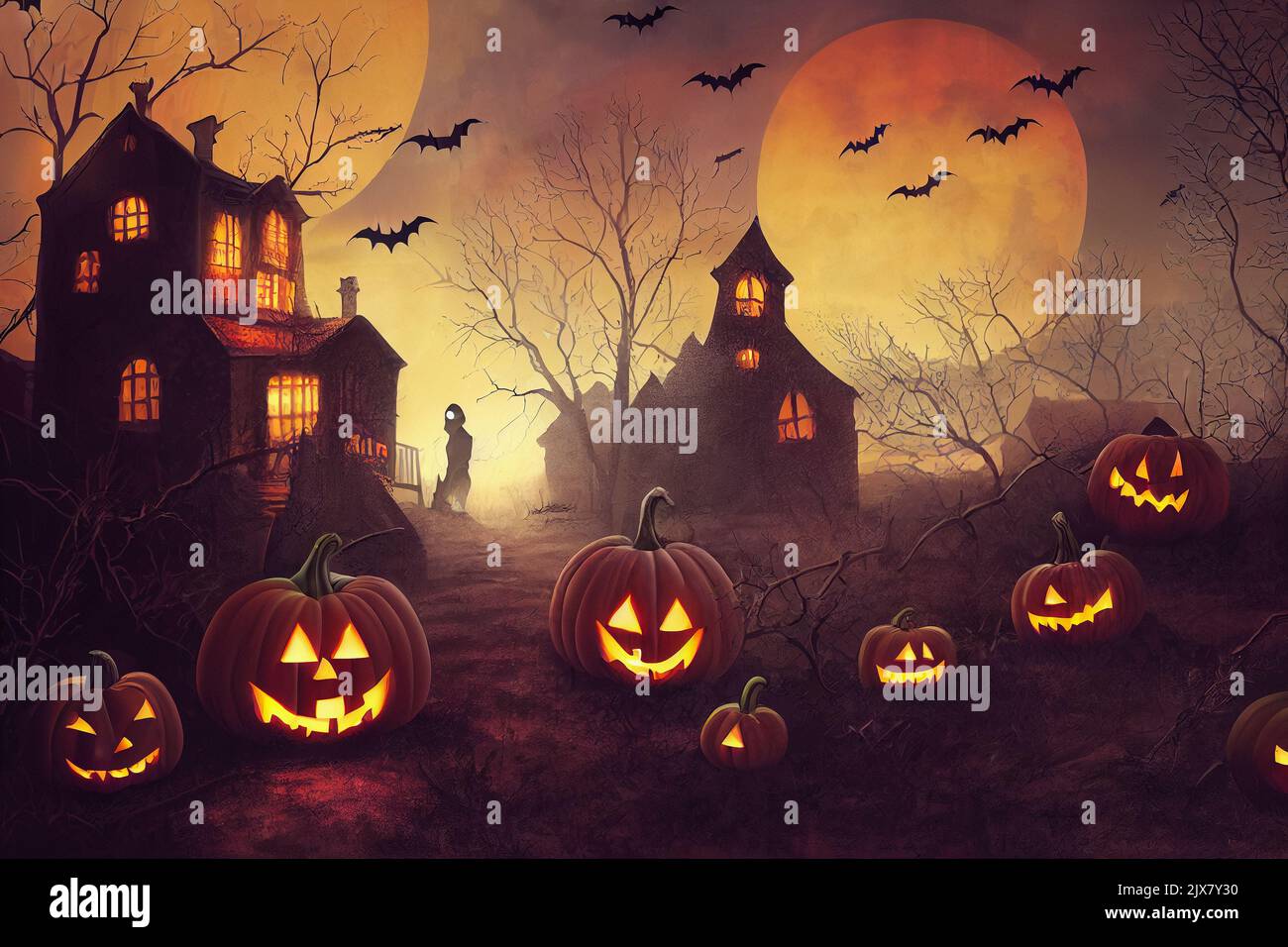 Halloween pumpkin heads in front of haunted house at night, digital ...