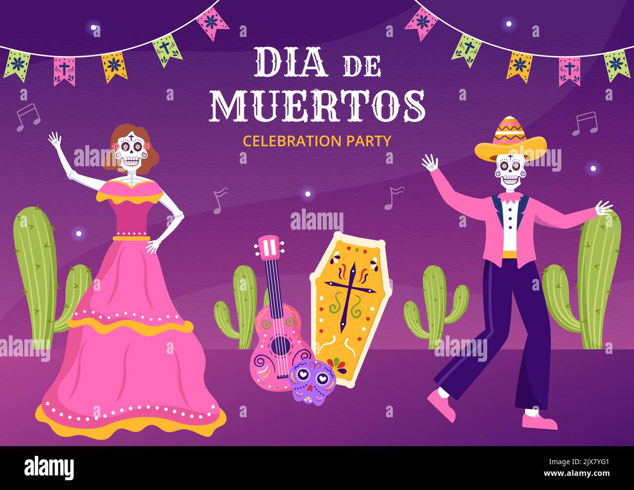 Dia De Los Muertos or Day of the Dead Background Template Hand Drawn Cartoon Illustration Stock Vector