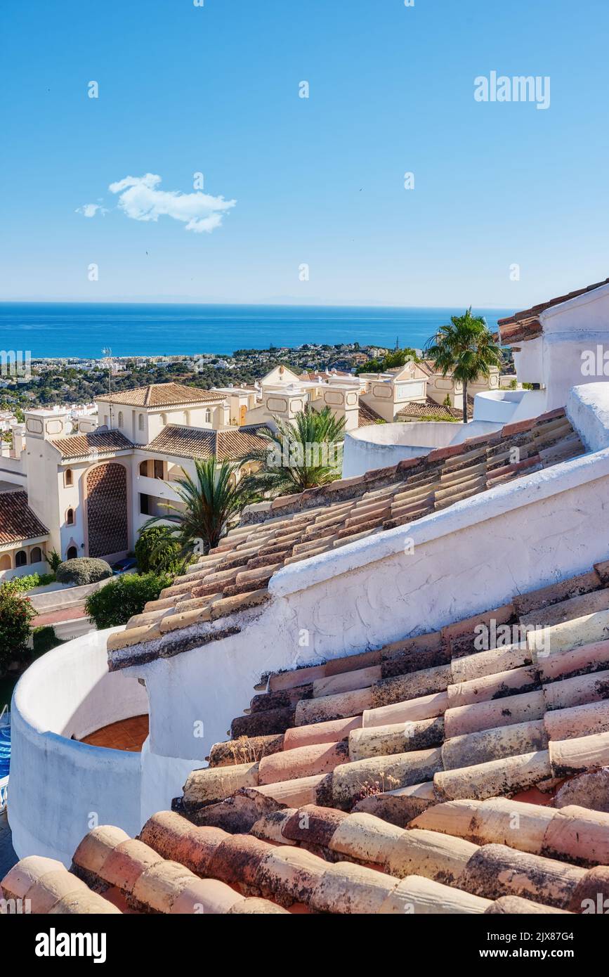 Marbella - the beautiful coastal city of Andalusia, Spain. The beach of beautiful city of Marbella, Andalusia, Spain. Stock Photo