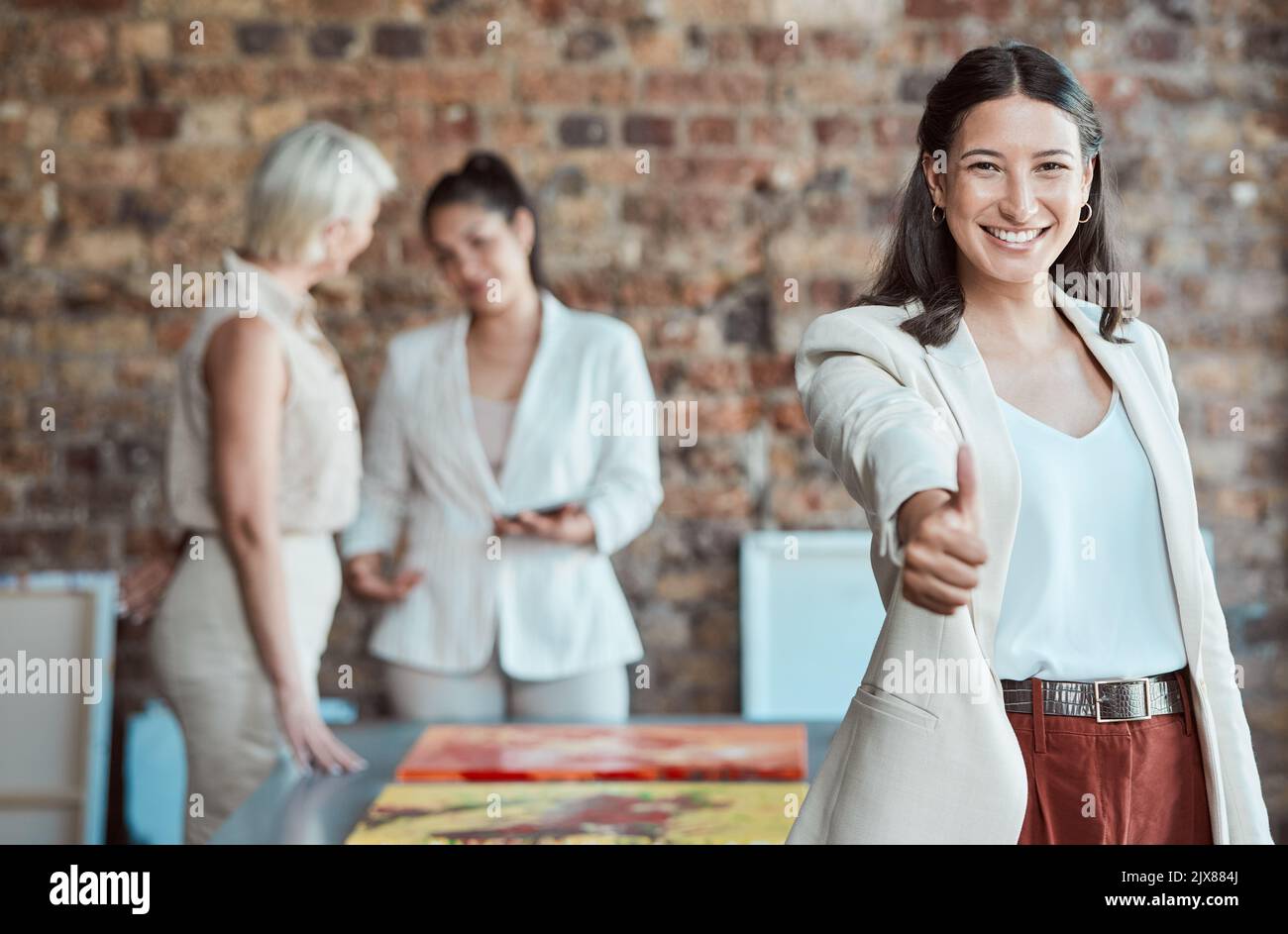 Business woman thumbs up for motivation, success and thank you agreement and praise. Portrait of