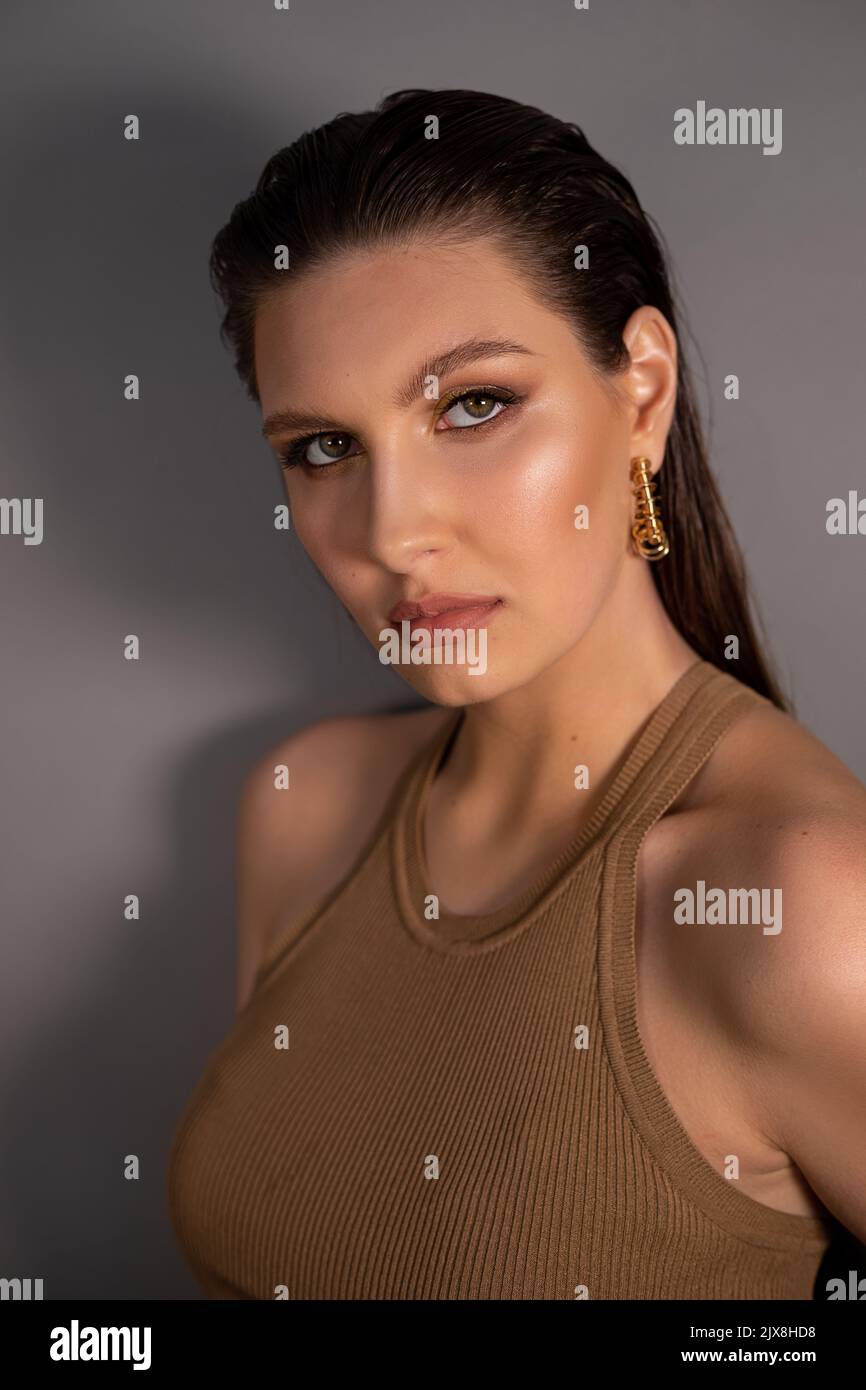 Side view of young well-groomed confident woman with long dark hair, bright shining make-up, wearing golden earrings. Stock Photo