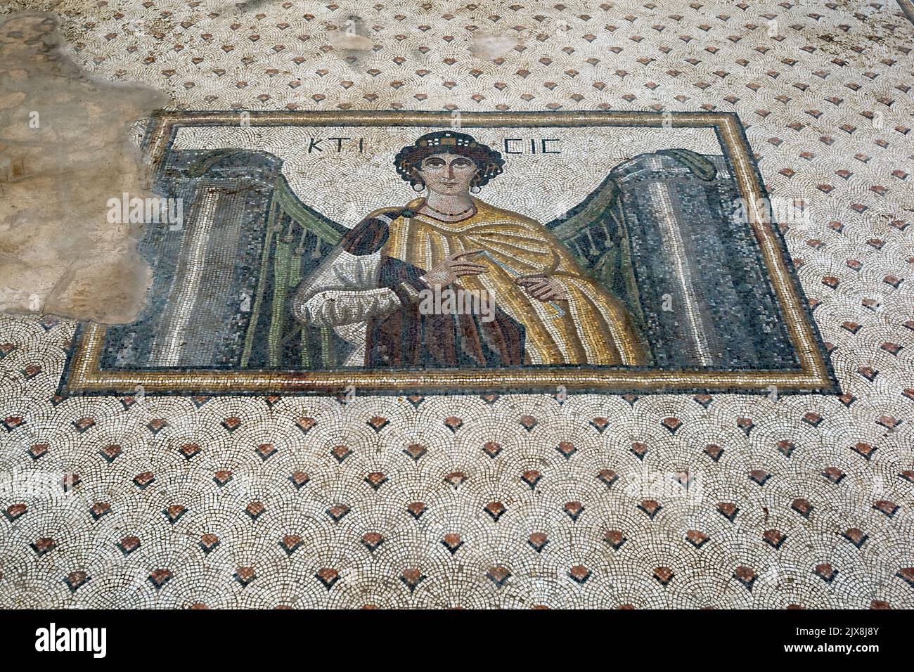 A mosaic depicting Ktisis, the figure personifying acts of generosity or foundation at the Haleplibahce Mosaic Museum at Sanliurfa in Turkey. Stock Photo