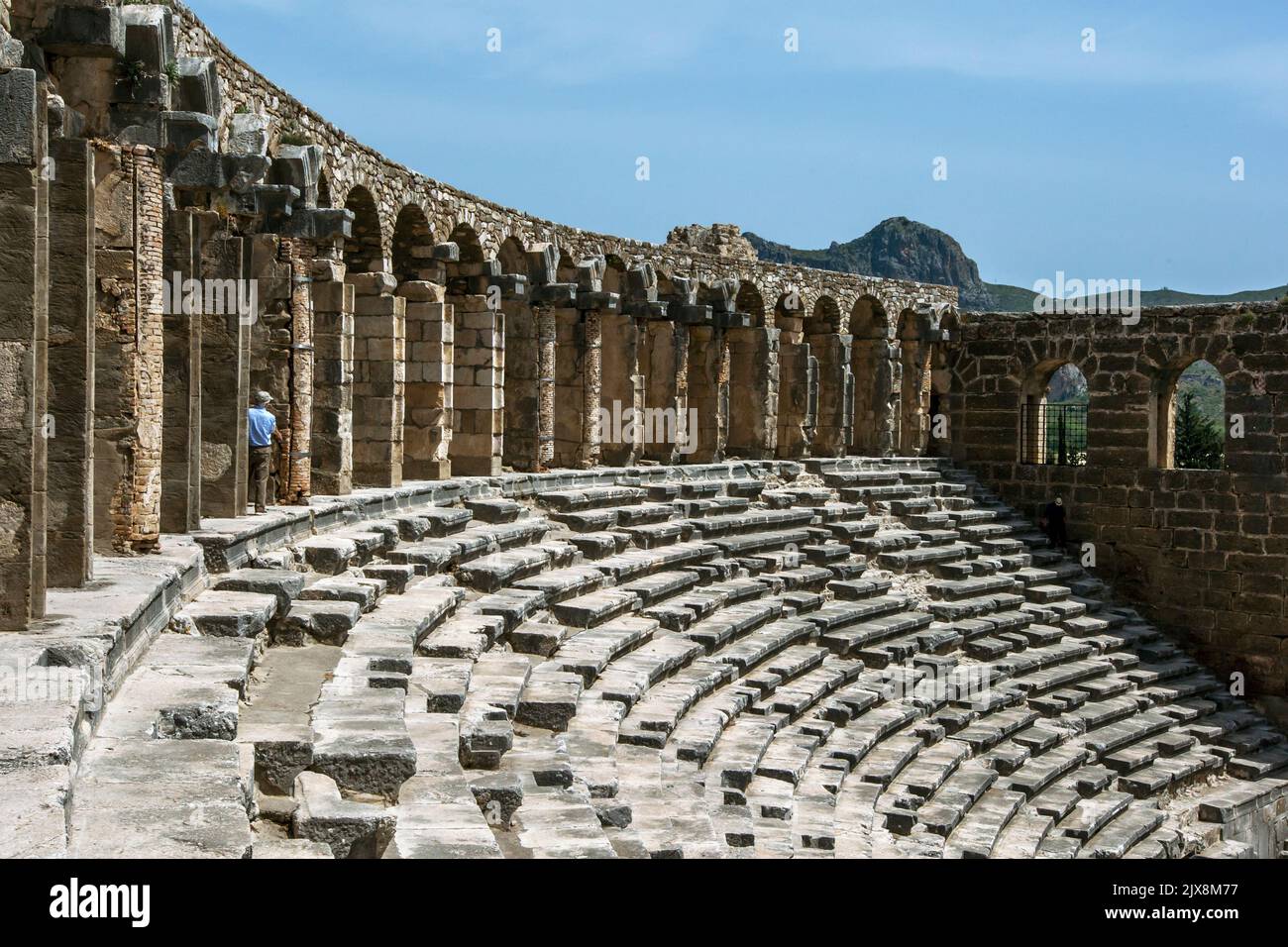 A section of the magnificent Roman theatre at the ancient city of Aspendos in the Province of Antalya in Turkey. Stock Photo