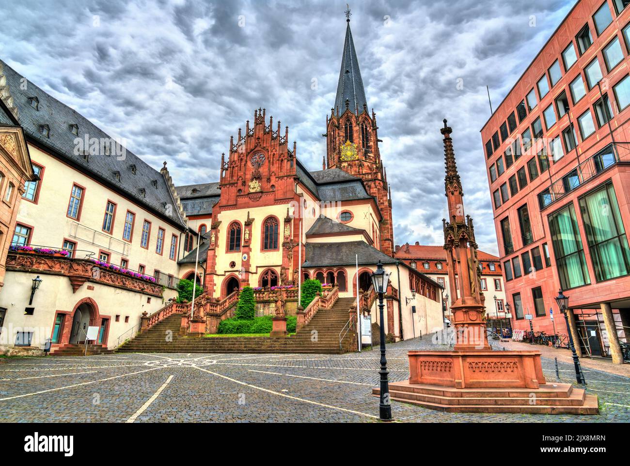 Abbey Fountain and St. Peter and Alexander Church in Aschaffenburg - Bavaria, Germany Stock Photo