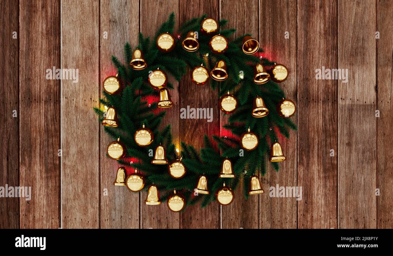 Christmas wreath hanging on a wooden door . 3d rendering Stock Photo