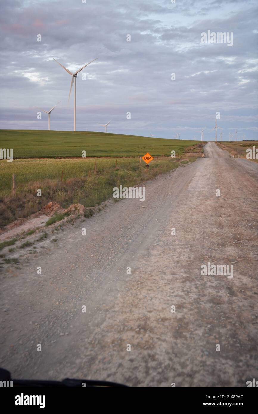 A wind turbine is seen at the TESLA battery plant outside of Jamestown