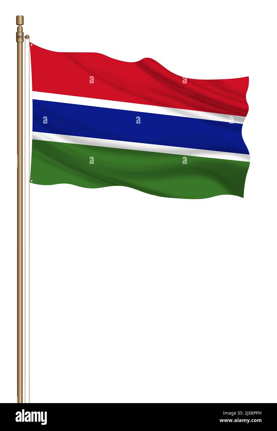 3D Flag of Gambia on a pillar blown away isolated on a white background ...