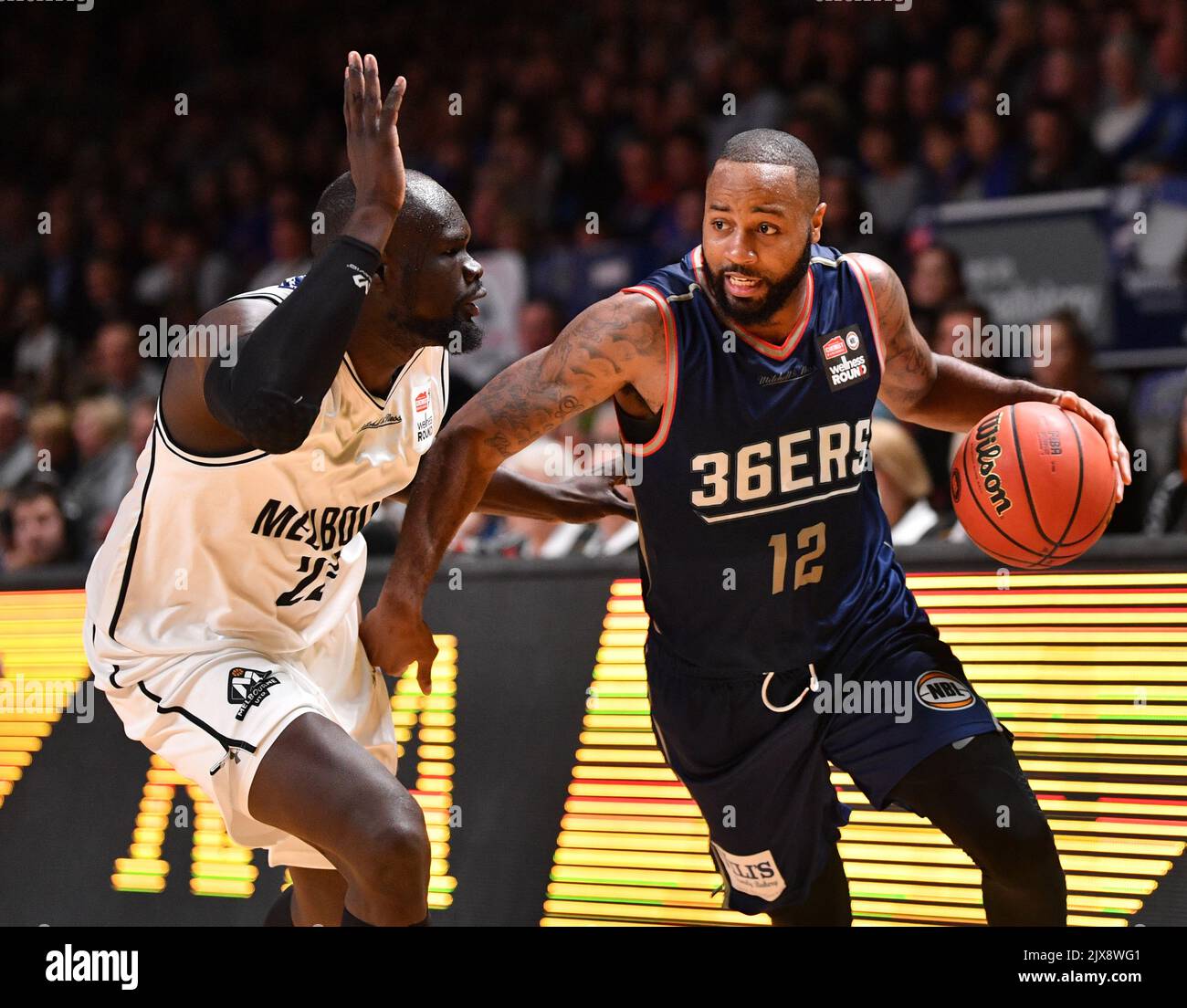 Shannon Shorter of the Adelaide 36ers and Majok Majok from Melbourne United  in action during Round 1 NBL match between the Adelaide 36'ers and Melbourne  United at Titanium Security Arena in Adelaide,