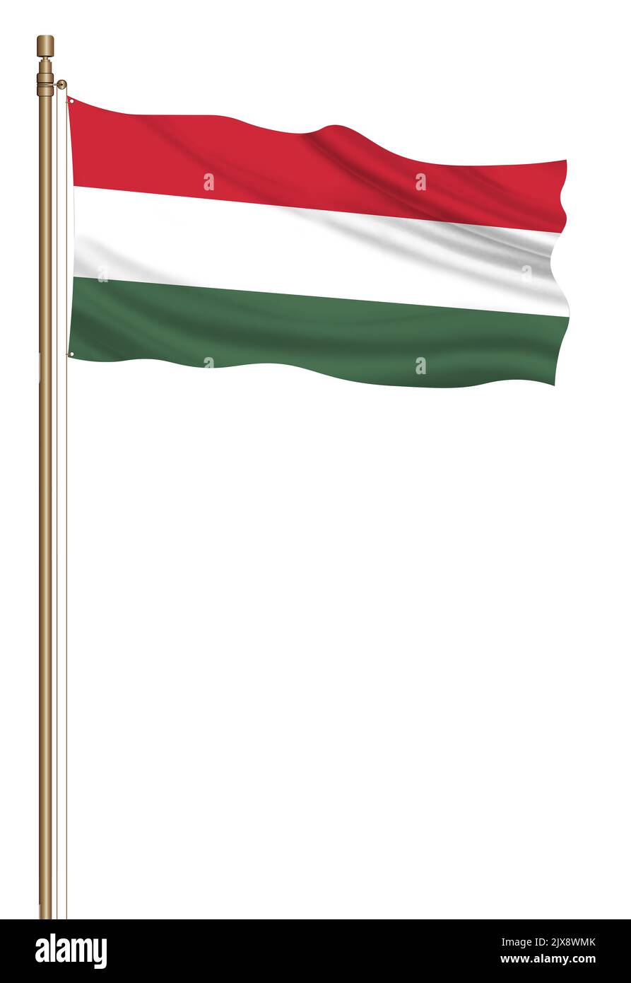 3D Flag of Hungary on a pillar blown away isolated on a white background. Stock Photo