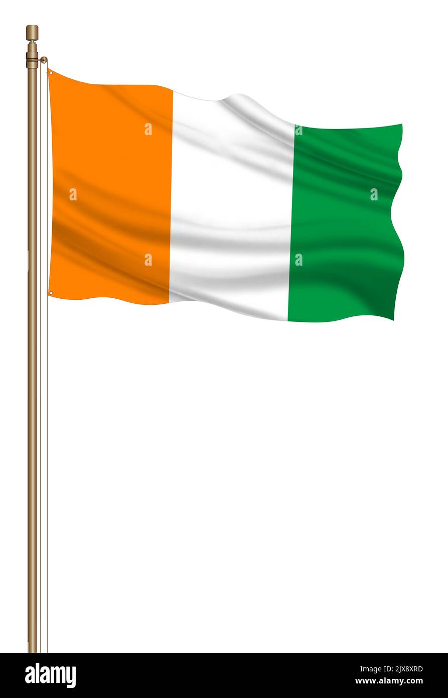 3D Flag of Ivory Coast on a pillar blown away isolated on a white ...