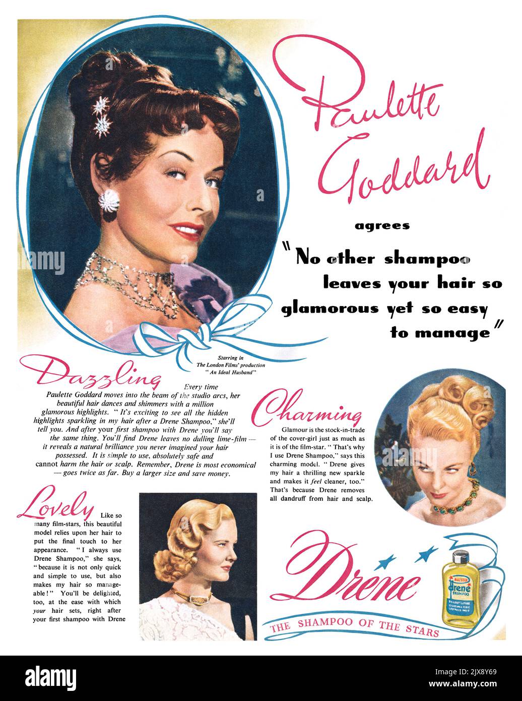 1947 British advertisement for Drene Shampoo, featuring movie actress Paulette Goddard. Stock Photo