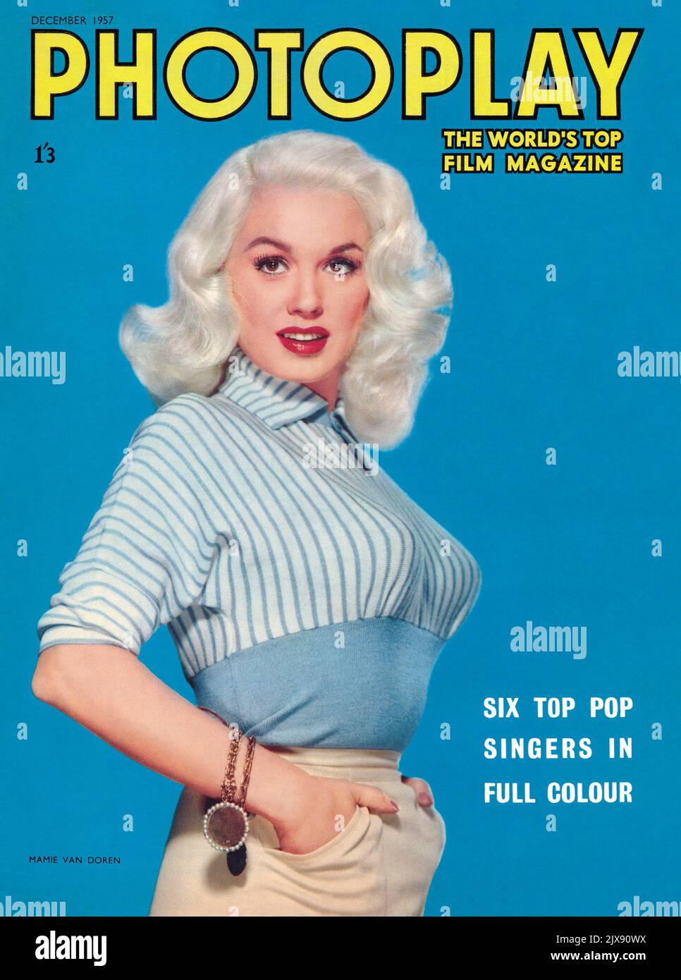 Vintage magazine front cover of Photoplay film magazine for December 1957, featuring actress Mamie Van Doren. Stock Photo