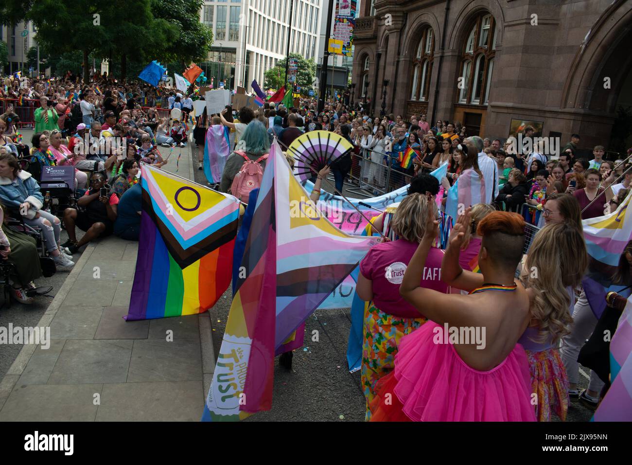 Manchester Pride parade. The Proud Trust in St Peter's Square. Theme March for Peace. Stock Photo