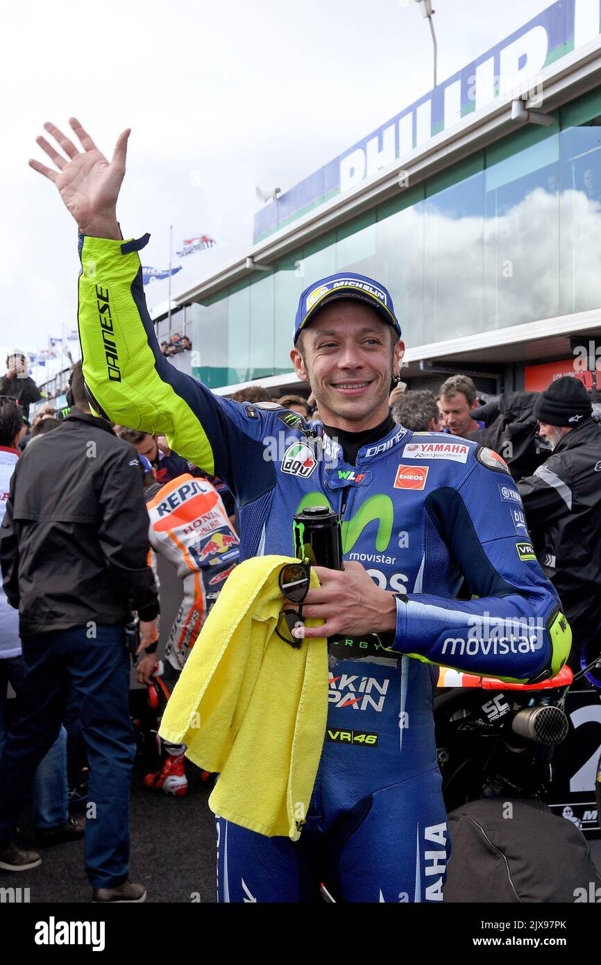 Valentino Rossi of Italy for Movistar Yamaha MotoGP celebrates after  getting second place at the Australian Motorcycle Grand Prix 2017 on  Phillip Island, Victoria, Sunday, October 22, 2017. (AAP Image/Joe Castro  Stock