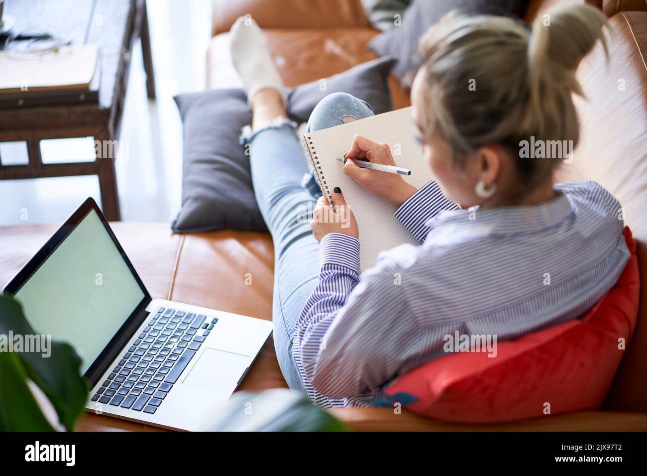 mature professional asian woman working from home using laptop computer high angle rear view Stock Photo