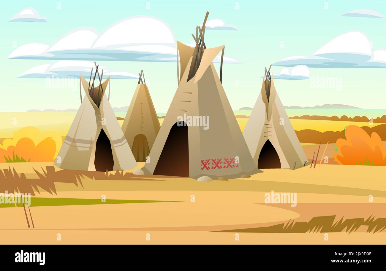 Indians wigwam hut made of felt and skins. Autumn landscape.. North American tribal dwelling. Traditional home of nomadic peoples. Vector. Stock Vector