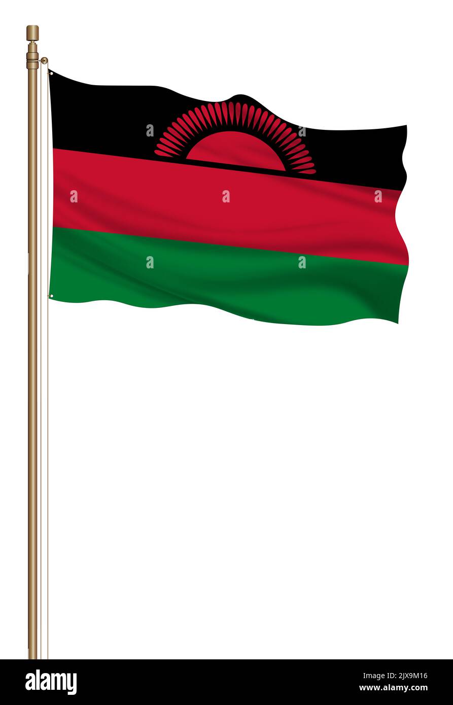 3D Flag of Malawi on a pillar blown away isolated on a white background ...