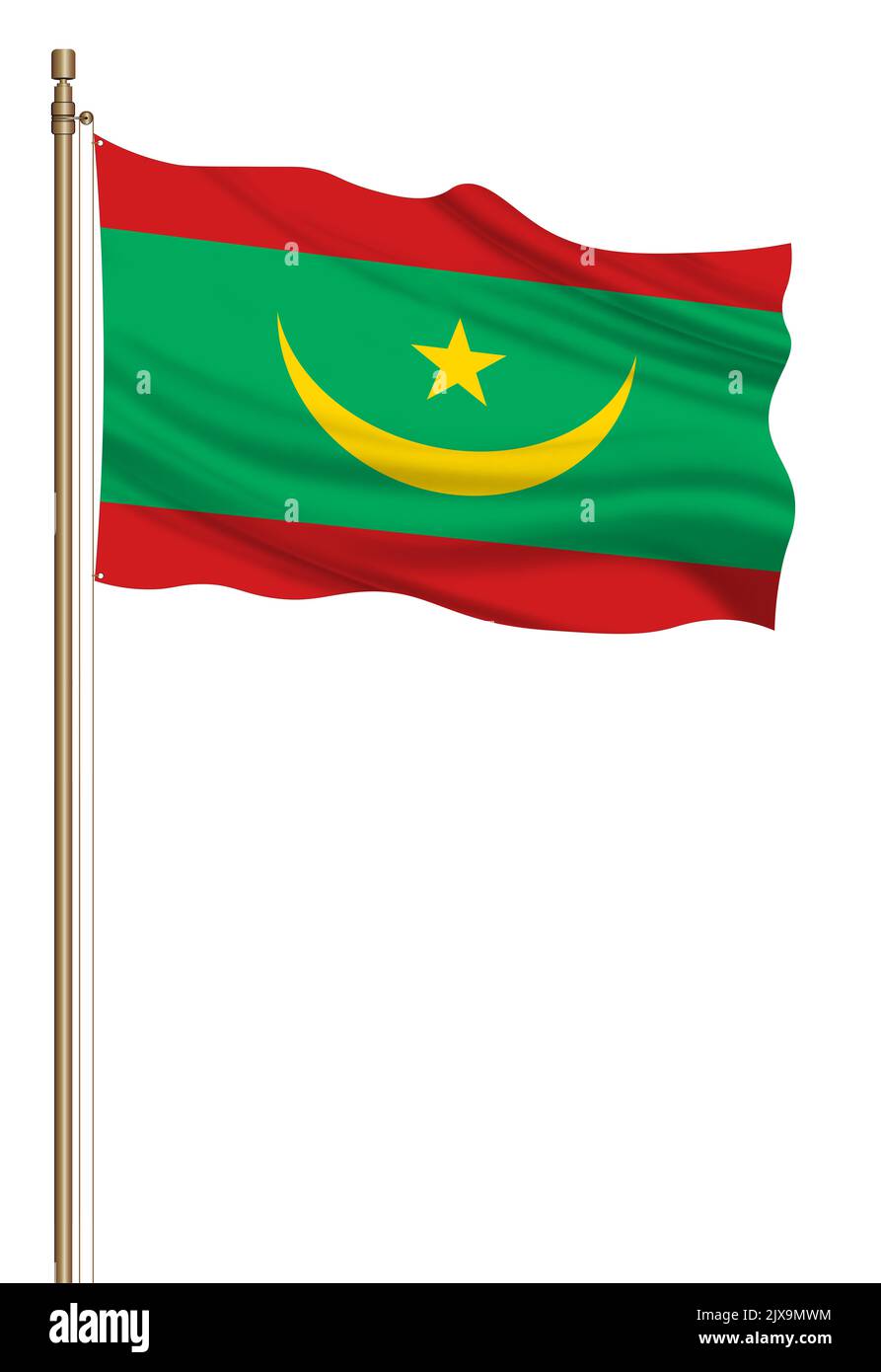 3D Flag of Mauritania on a pillar blown away isolated on a white ...
