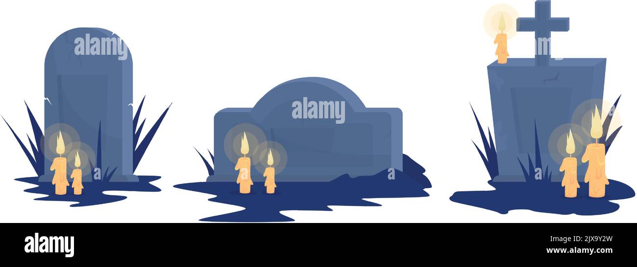 Tombstones semi flat color vector objects set Stock Vector