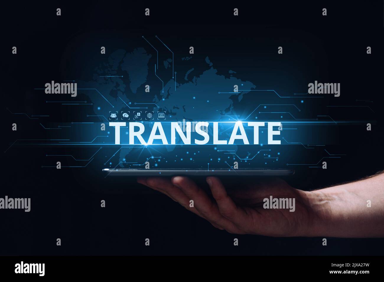 The concept of technologies for the translation of texts. International adaptation of content. Stock Photo