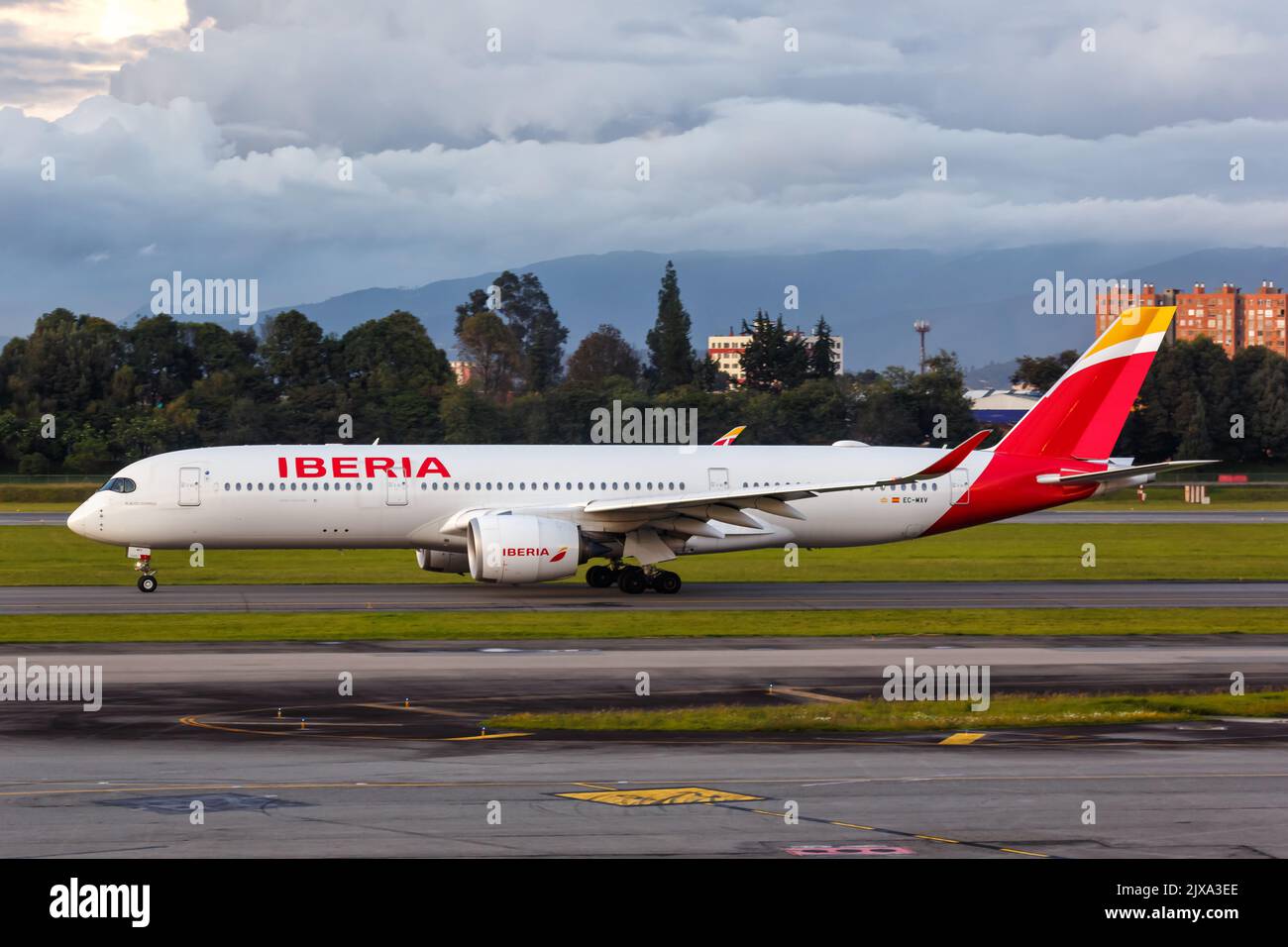 Bogota, Colombia - April 20, 2022: Iberia Airbus A350-900 airplane at Bogota airport (BOG) in Colombia. Stock Photo