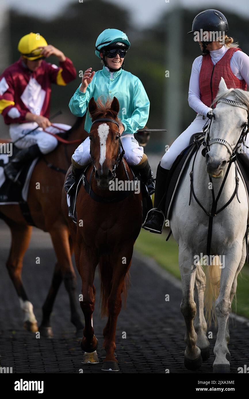 Jockey Rachel King Returns To The Mounting Yard After Riding Maid jockey-rachel-king-returns-to-the-mounting-yard-after-riding-maid