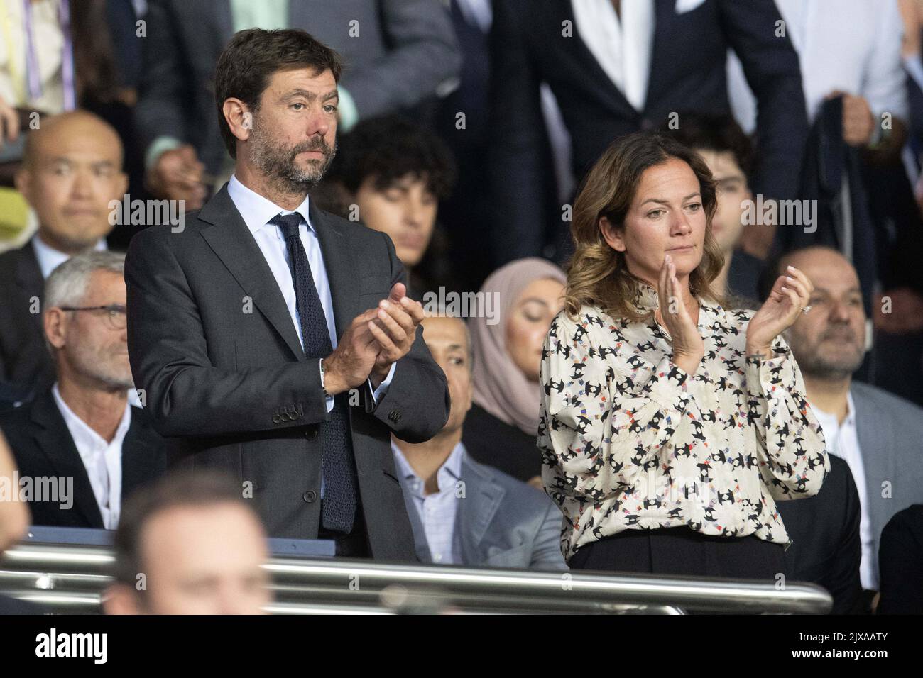 Paris, France. 07th Sep, 2022. Andrea Agnelli, president of Juventus with his wife Emma Winter attend the UEFA Champions League group H match between Paris Saint-Germain and Juventus at Parc des Princes, on September 6, 2022 in Paris, France. Photo by David Niviere/ABACAPRESS.COM. Credit: Abaca Press/Alamy Live News Stock Photo