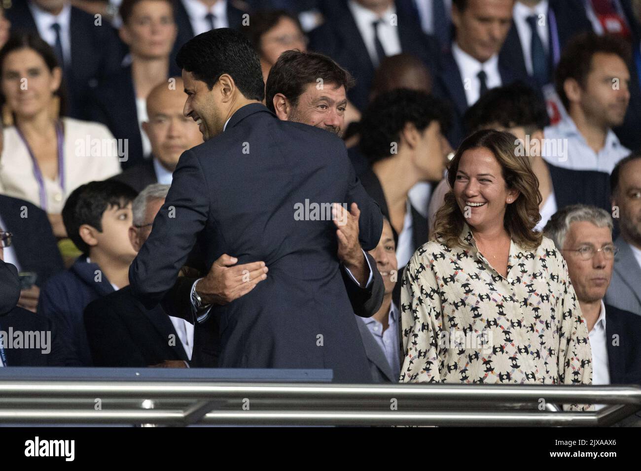 Paris, France. 07th Sep, 2022. Nasser Al-Khelaifi, president of Paris Saint Germain, Andrea Agnelli, president of Juventus with his wife Emma Winter attend the UEFA Champions League group H match between Paris Saint-Germain and Juventus at Parc des Princes, on September 6, 2022 in Paris, France. Photo by David Niviere/ABACAPRESS.COM. Credit: Abaca Press/Alamy Live News Stock Photo