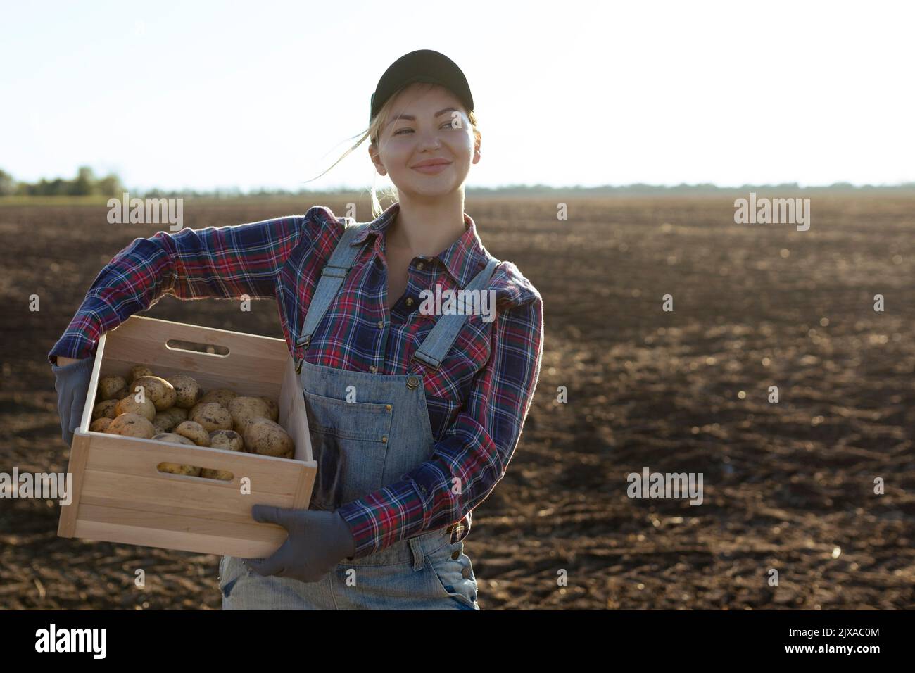 Happy smiling caucasian female potato farmer or gardener. Agriculture - food production, harvest concept Stock Photo