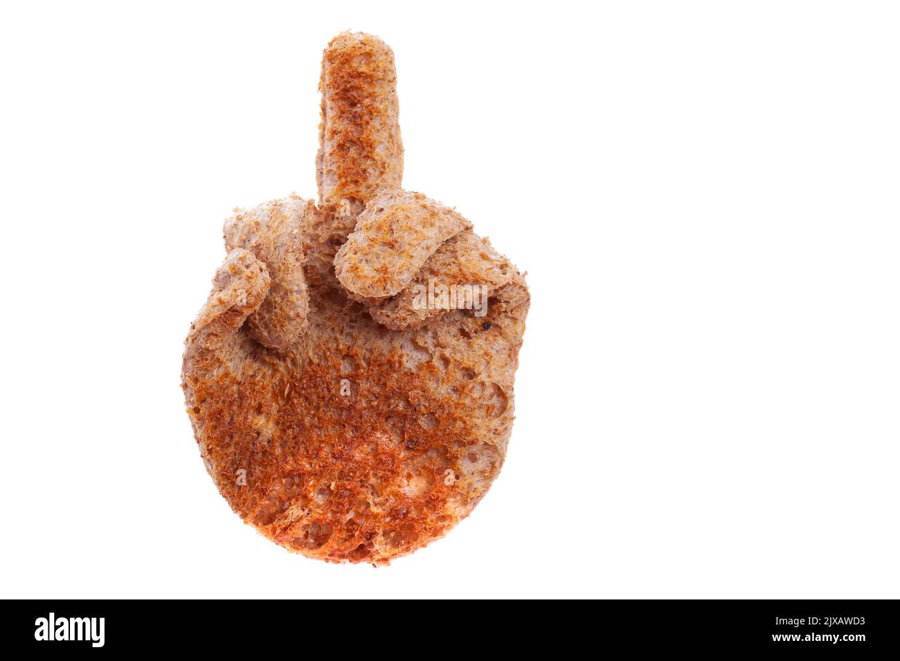 Middle finger sign made from toasted brown bread slice isolated on white background. Fun food concept Stock Photo