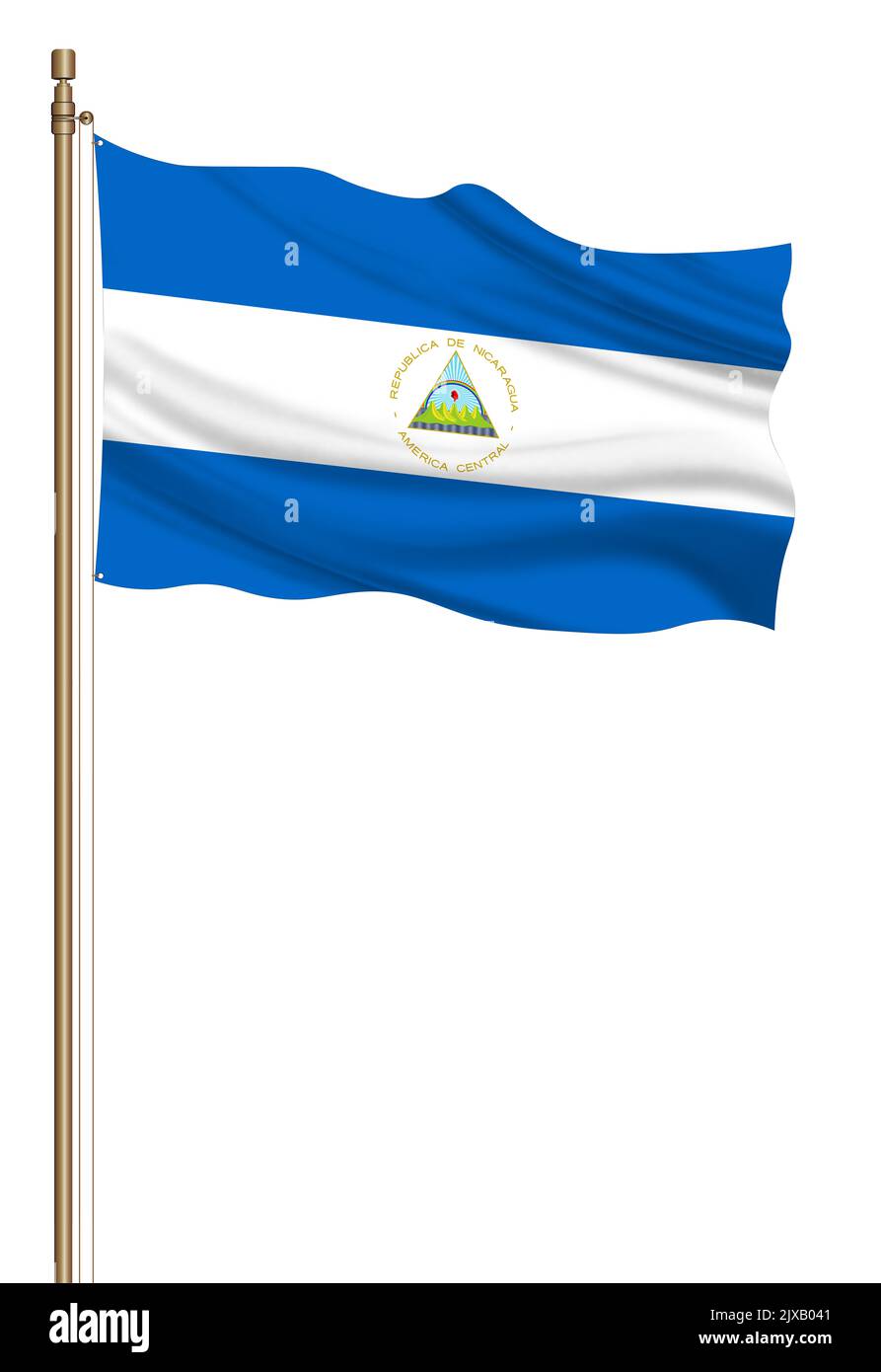 3D Flag of Nicaragua on a pillar blown away isolated on a white