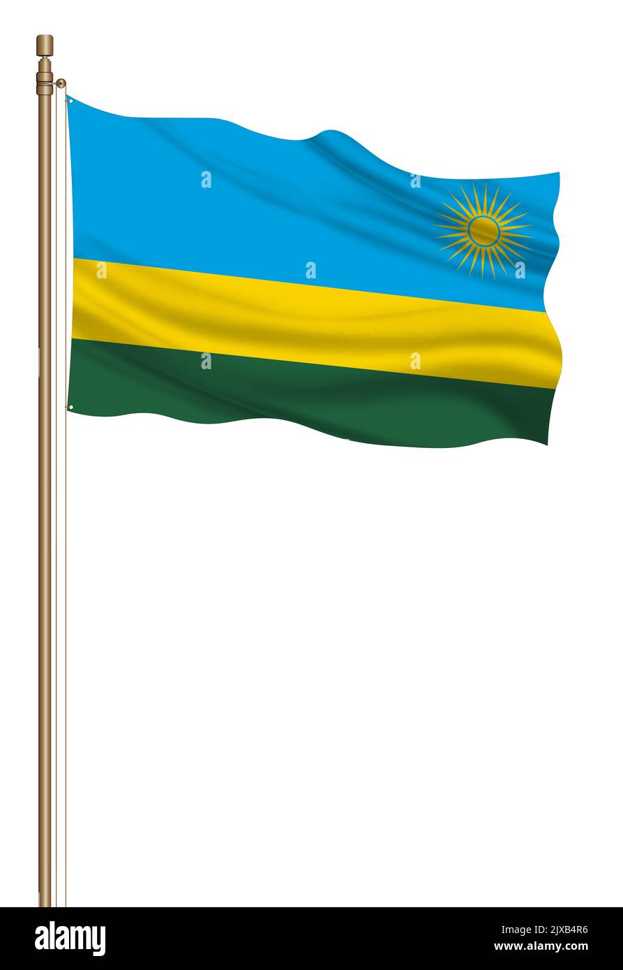 3D Flag of Rwanda on a pillar blown away isolated on a white background ...