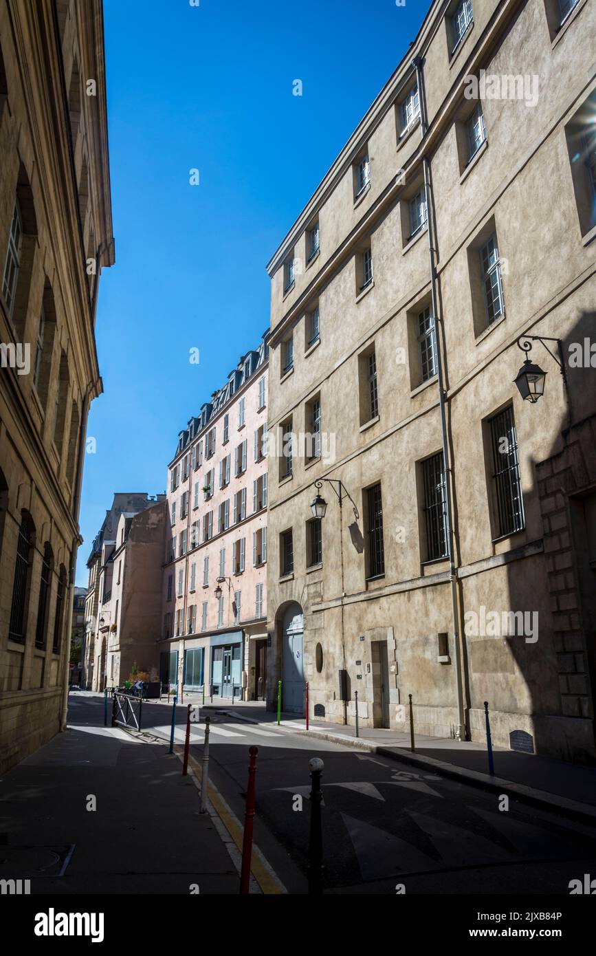 Atmospheric Rue Charlemagne is a street in the 4th arrondissement of Paris, in the Saint-Gervais quarter, .Paris, France Stock Photo