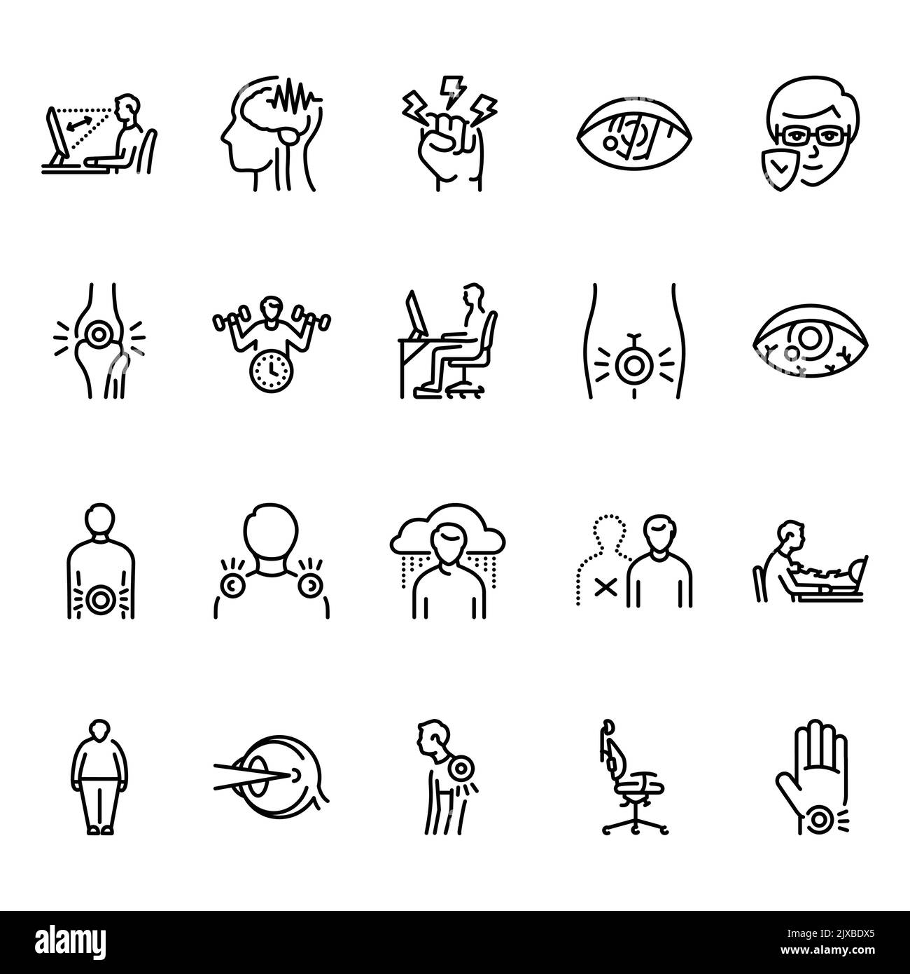 Computer-induced medical problems color line icons set. Signs for web page Stock Vector