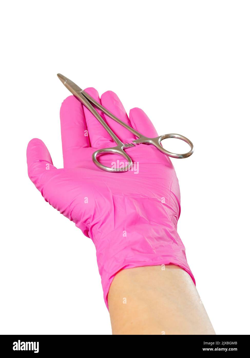 Woman's hand in a latex glove with the stainless steel needle holder on the white isolated background. Stock Photo