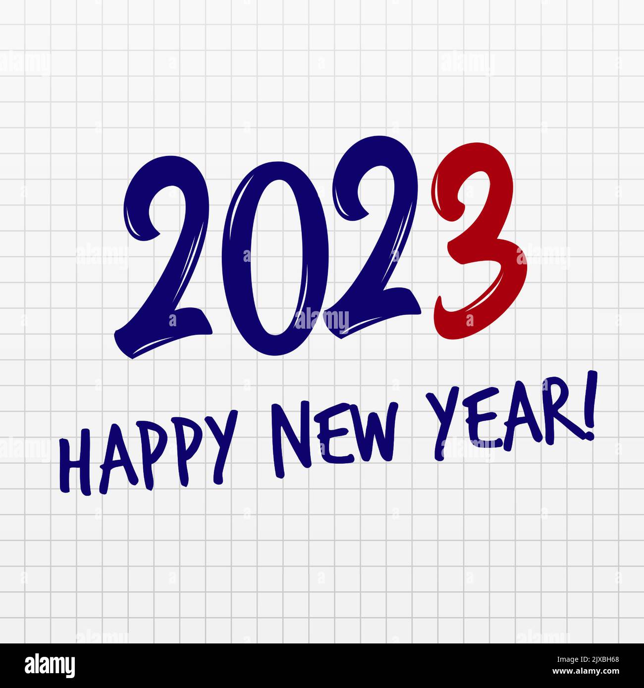 2023 numbers pen written on white checkered paper sheet background. Happy New Year event poster, greeting card cover, 2023 calendar design, invitation Stock Vector