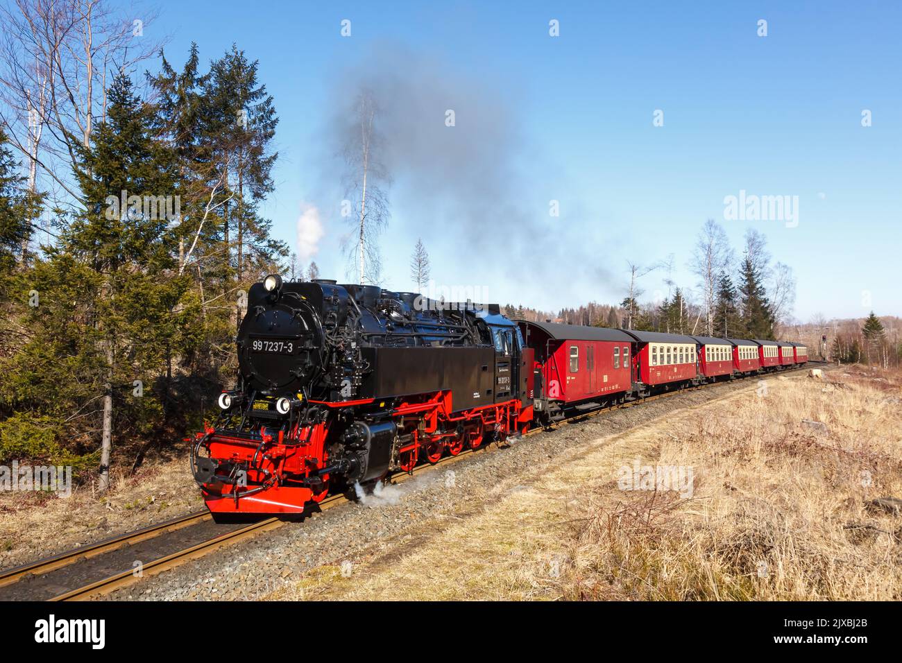 Brockenbahn steam train locomotive railway rail departing Drei Annen Hohne in Germany Stock Photo