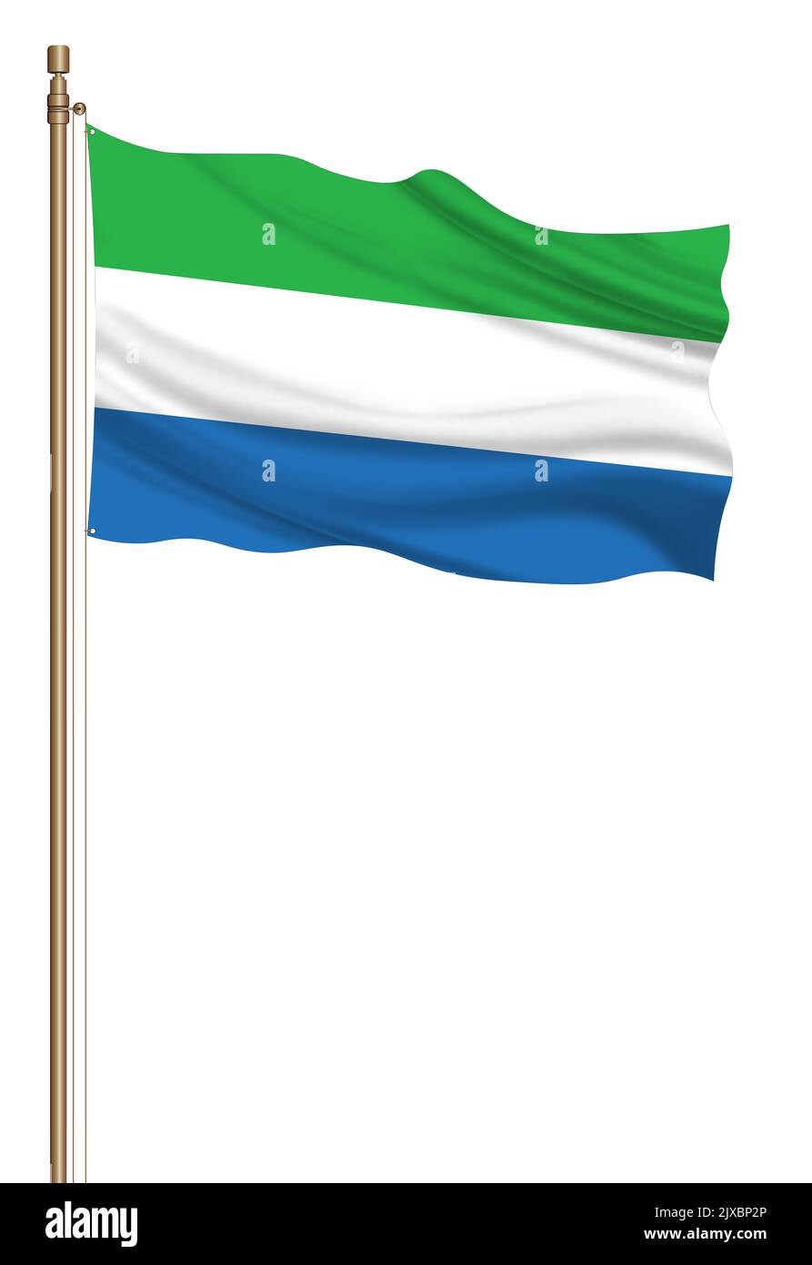 3D Flag of Sierra Leone on a pillar blown away isolated on a white ...