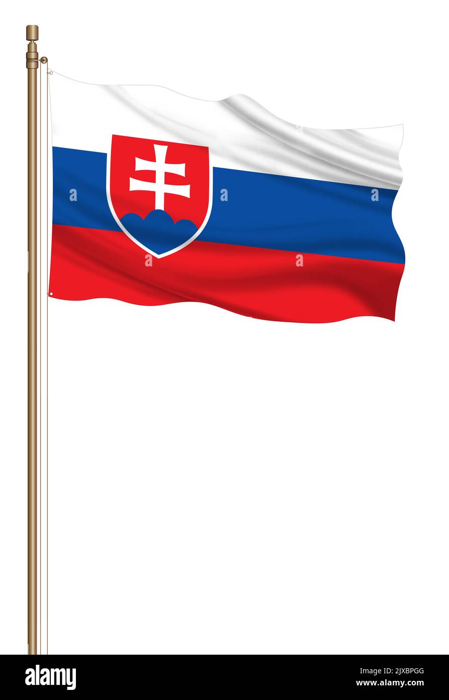 3D Flag of Slovakia on a pillar blown away isolated on a white