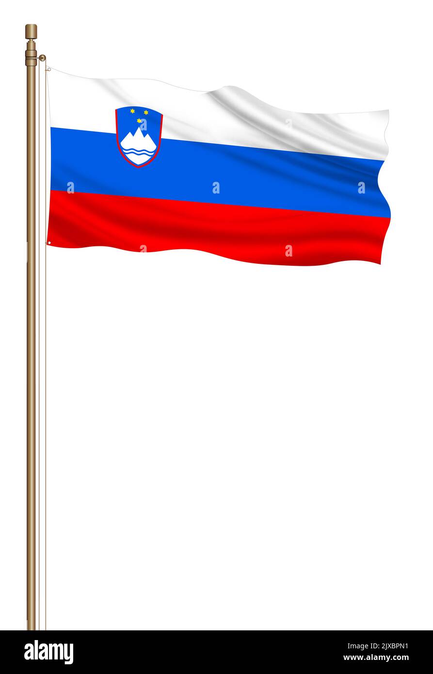 3D Flag of Slovenia on a pillar blown away isolated on a white ...