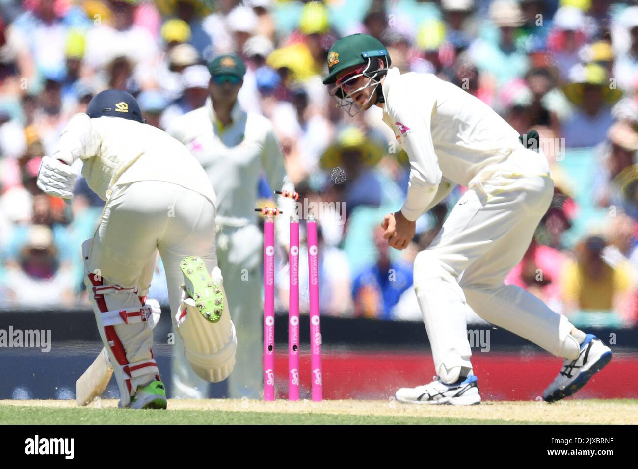 Australia's Cameron Bancroft runs out England's Mason Crane for 4 runs on Day 2 of the Fifth
